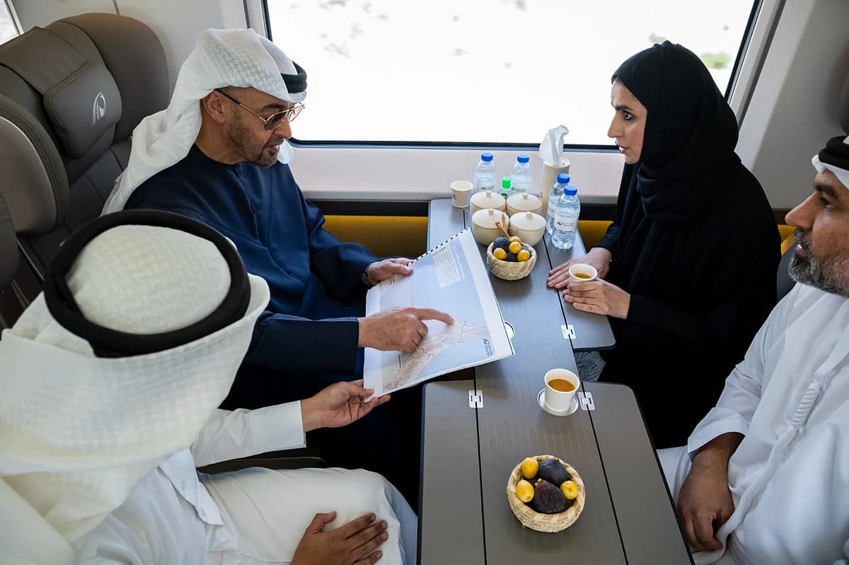A modern train at the newly inaugurated Dubai station, showcasing the UAE's expanding rail network.