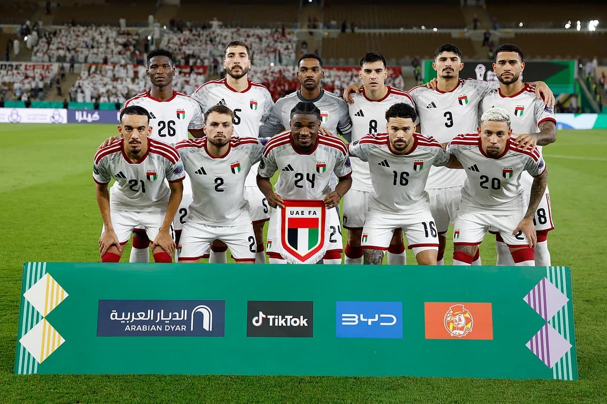 UAE fans celebrating at the Gulf Cup 27 final in Jeddah, showcasing team spirit and excitement.