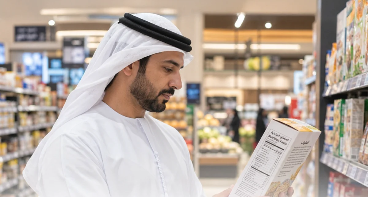 Infographic showing UAE's new food regulations on sodium, sugar, and fat limits in packaged foods.