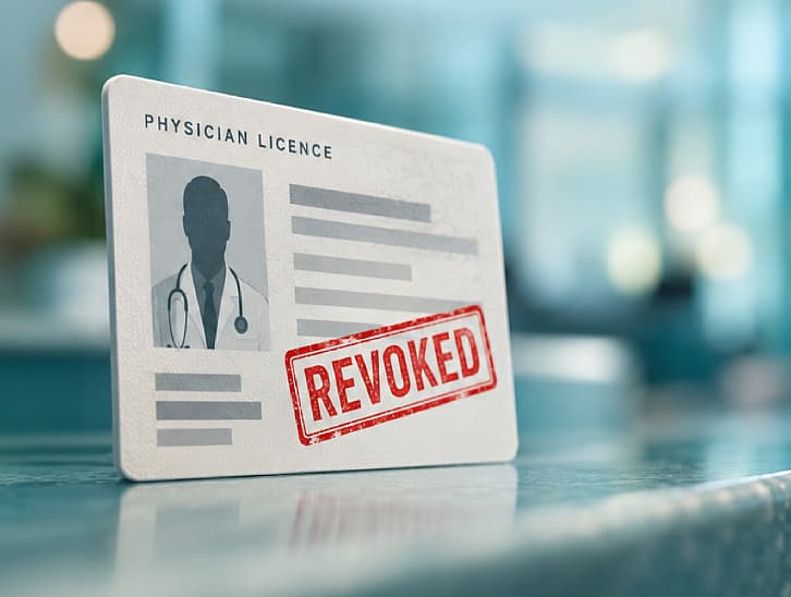 Infographic showing the revocation and suspension of physician licences in Abu Dhabi for controlled medicines violations.