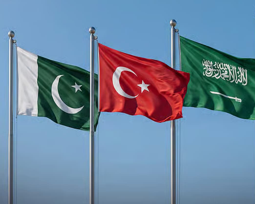 Map showing diplomatic lines connecting Riyadh Ankara Islamabad and Tehran across Middle East trade routes