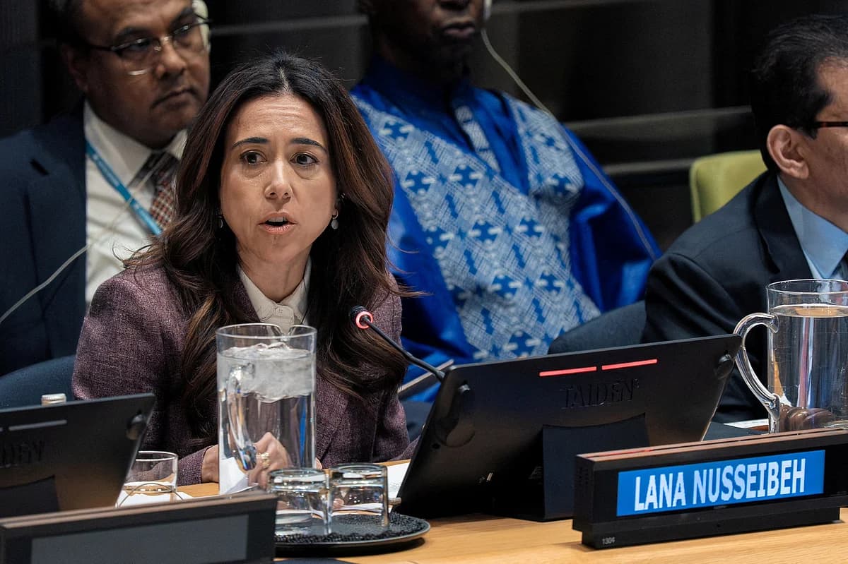 UAE diplomat Lana Nusseibeh addressing the United Nations General Assembly during the Secretary-General selection dialogue.
