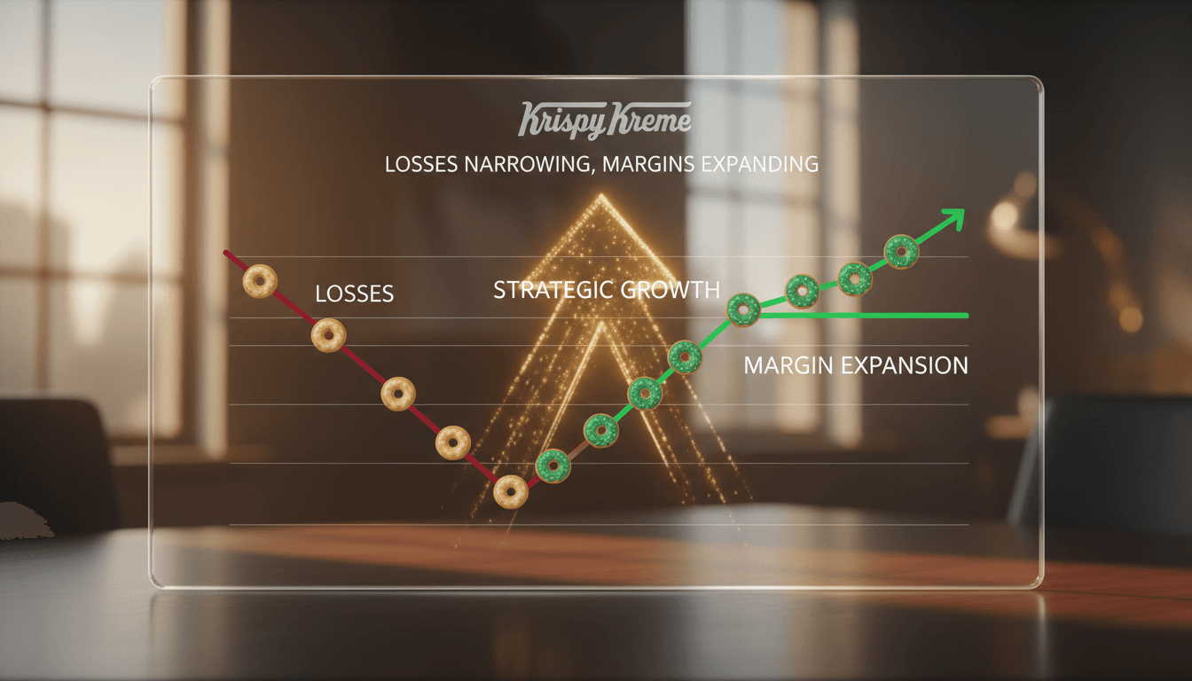 Krispy Kreme logo with a backdrop of donuts and financial graphs