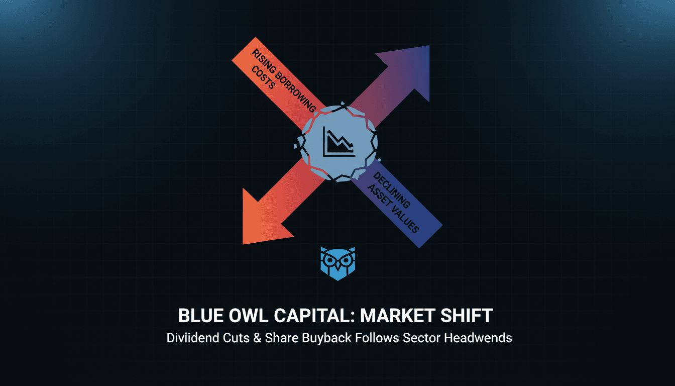 Blue Owl Capital logo with financial graphs showing declines in investment income and asset values.