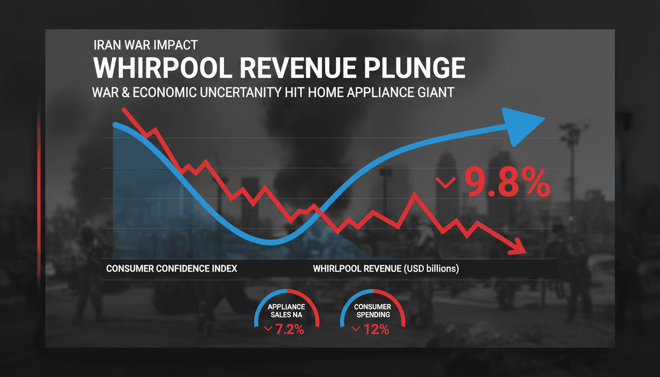 Whirlpool Corp logo with a backdrop of economic decline graphics