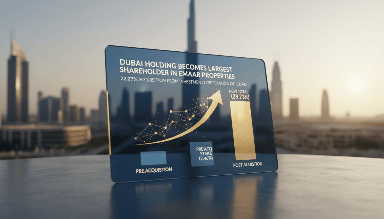Dubai skyline with Emaar Properties logo and Dubai Holding branding