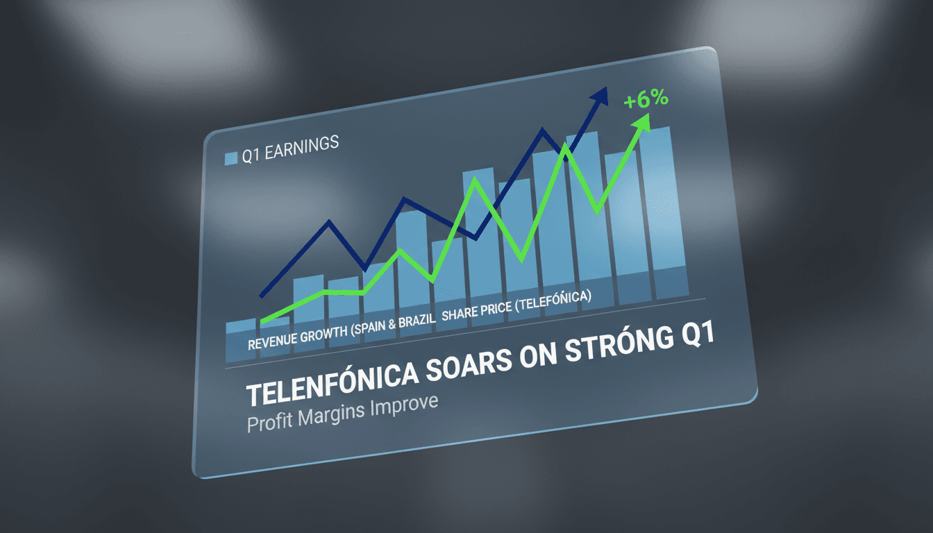 Telefónica logo with a graph showing rising share prices