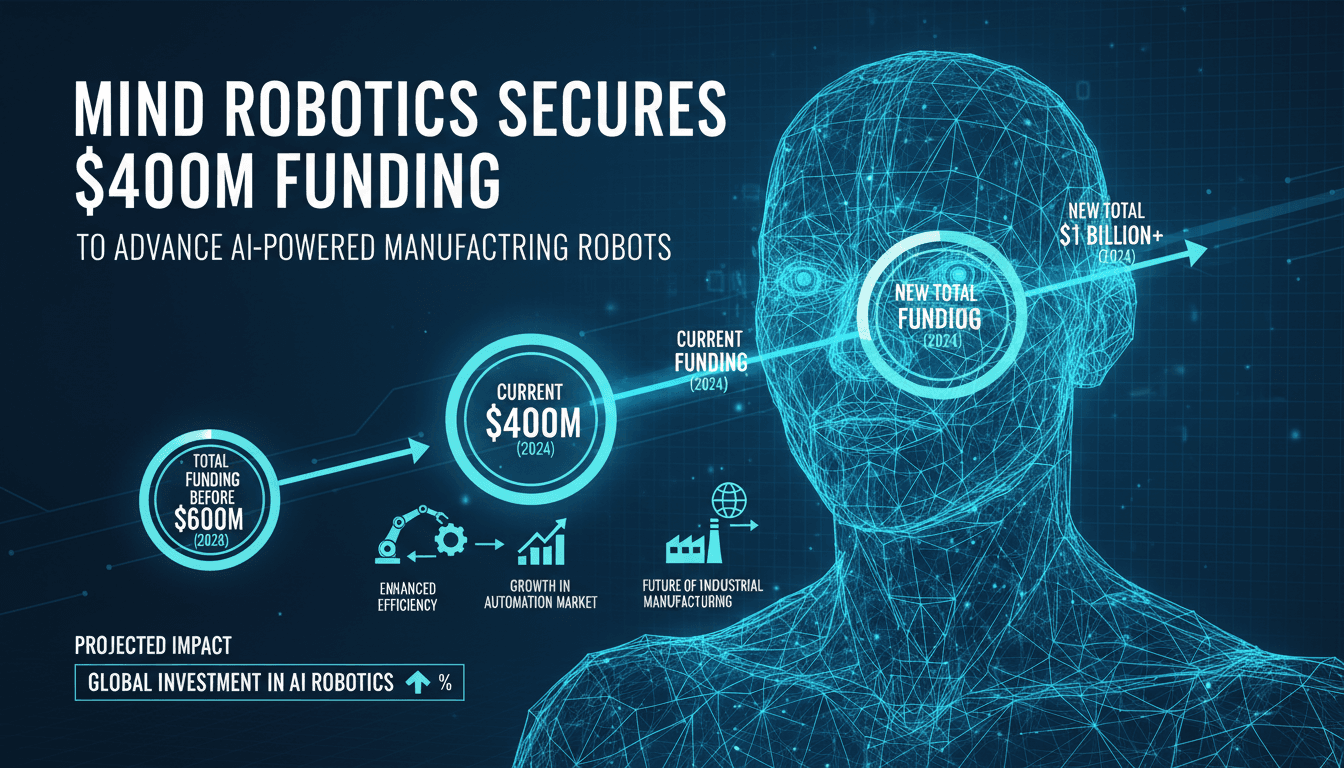 Mind Robotics logo with AI-powered manufacturing robots in action