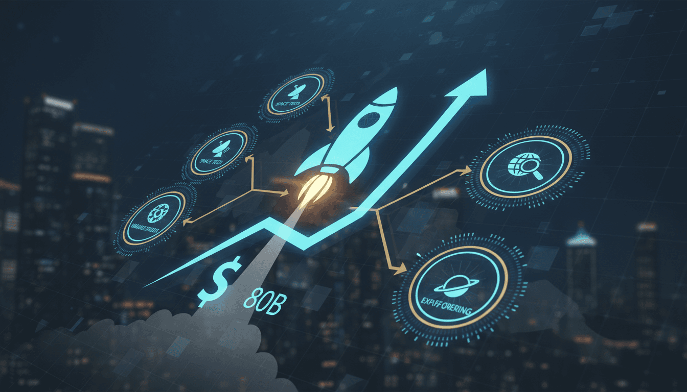SpaceX logo with a backdrop of rockets and satellites