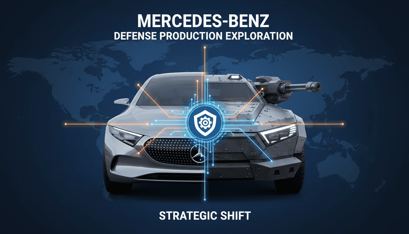 Mercedes-Benz logo with a military vehicle backdrop