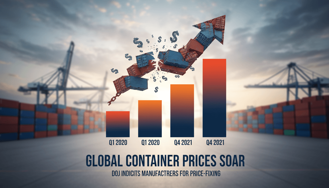Illustration of shipping containers with price tags highlighting the price-fixing allegations.