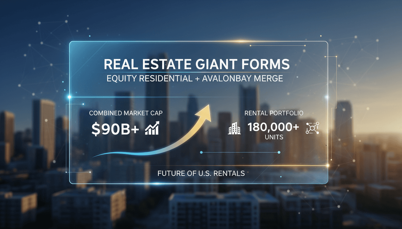 Infographic illustrating the merger of Equity Residential and AvalonBay Communities in the U.S. rental market.