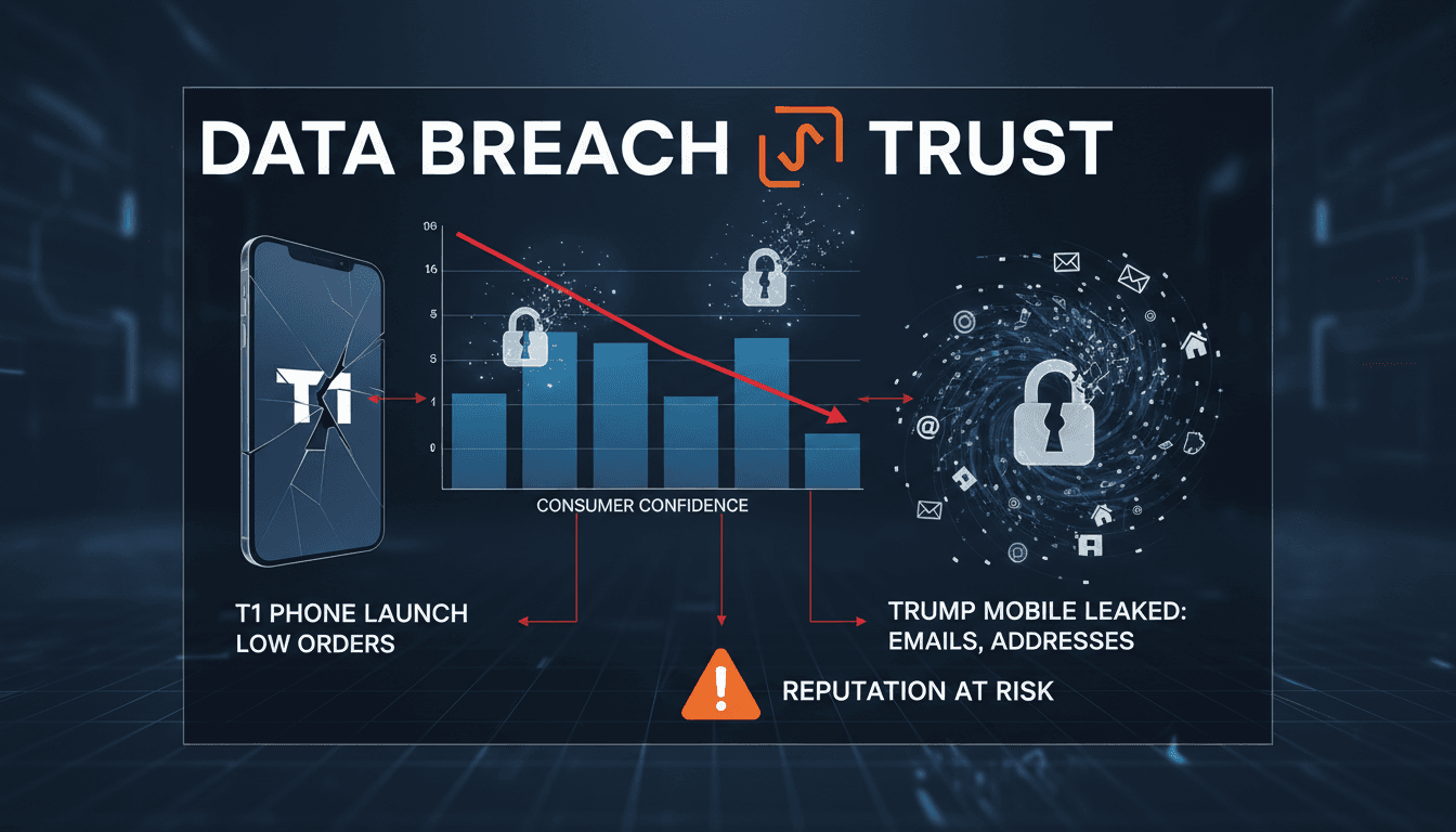 Trump Mobile logo with a warning symbol indicating data breach concerns.