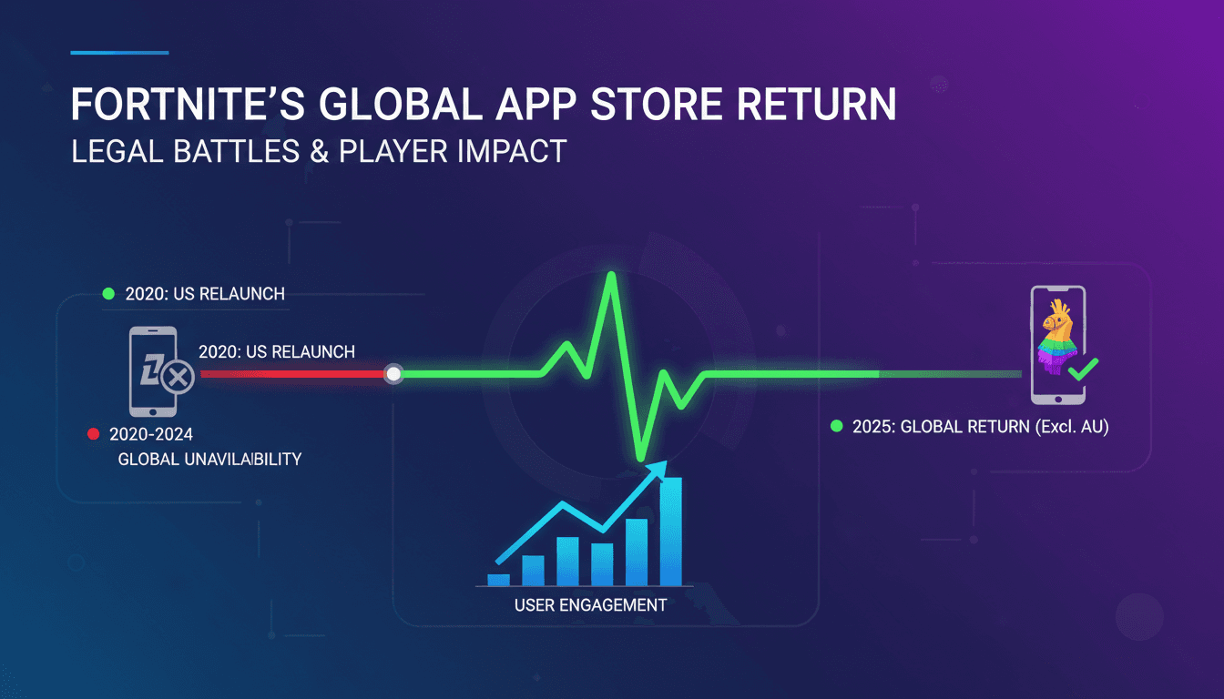 Fortnite logo with a backdrop of global app stores