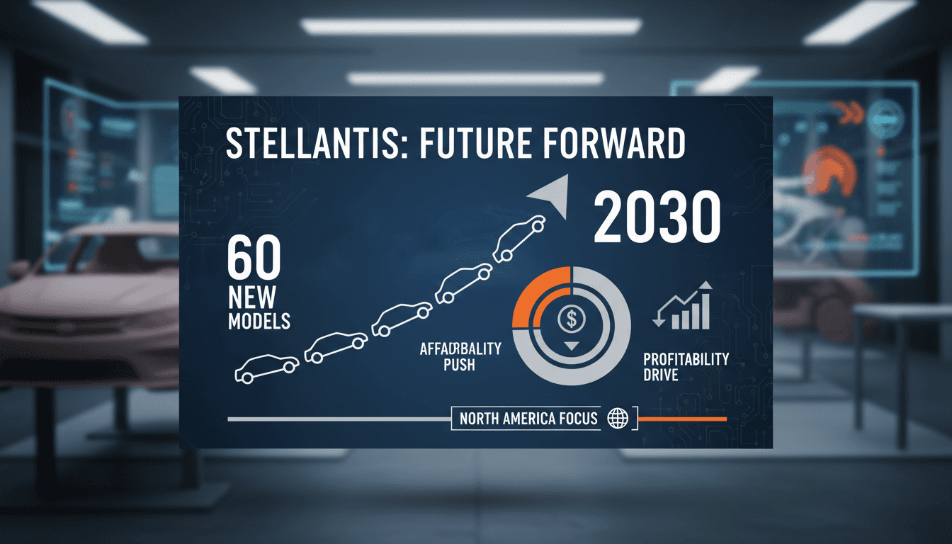Stellantis logo with a backdrop of new car models