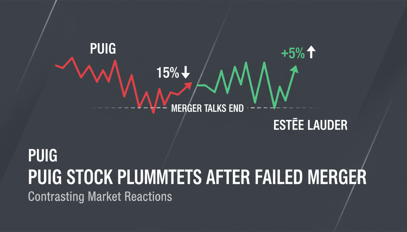 A visual representation of Puig's stock decline and Estée Lauder's stock rise following the failed merger talks.
