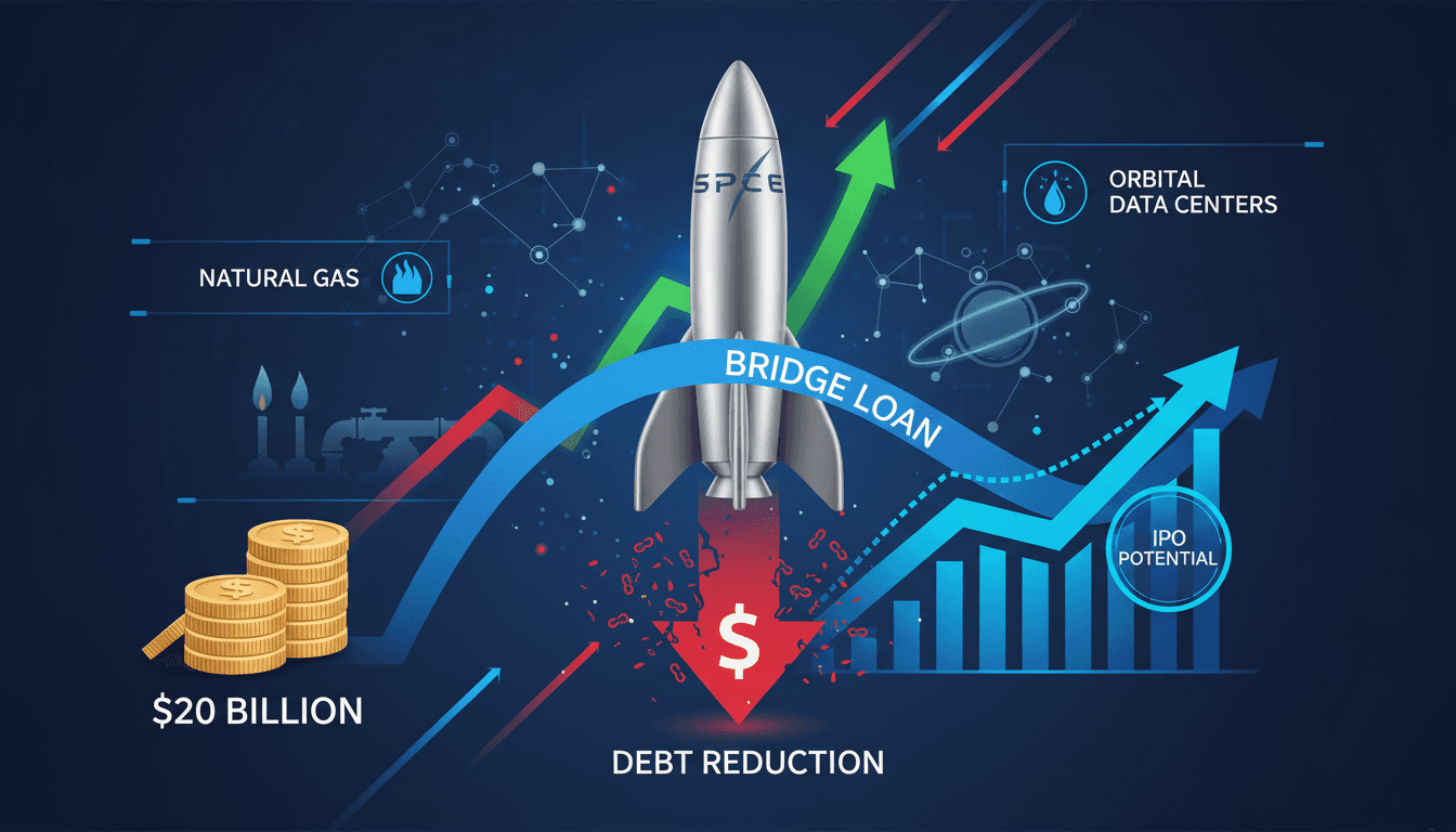 SpaceX logo with financial graphs illustrating debt reduction and IPO potential.