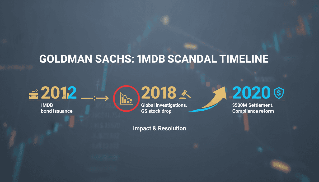 Goldman Sachs building with a focus on legal and financial implications of the 1MDB scandal.