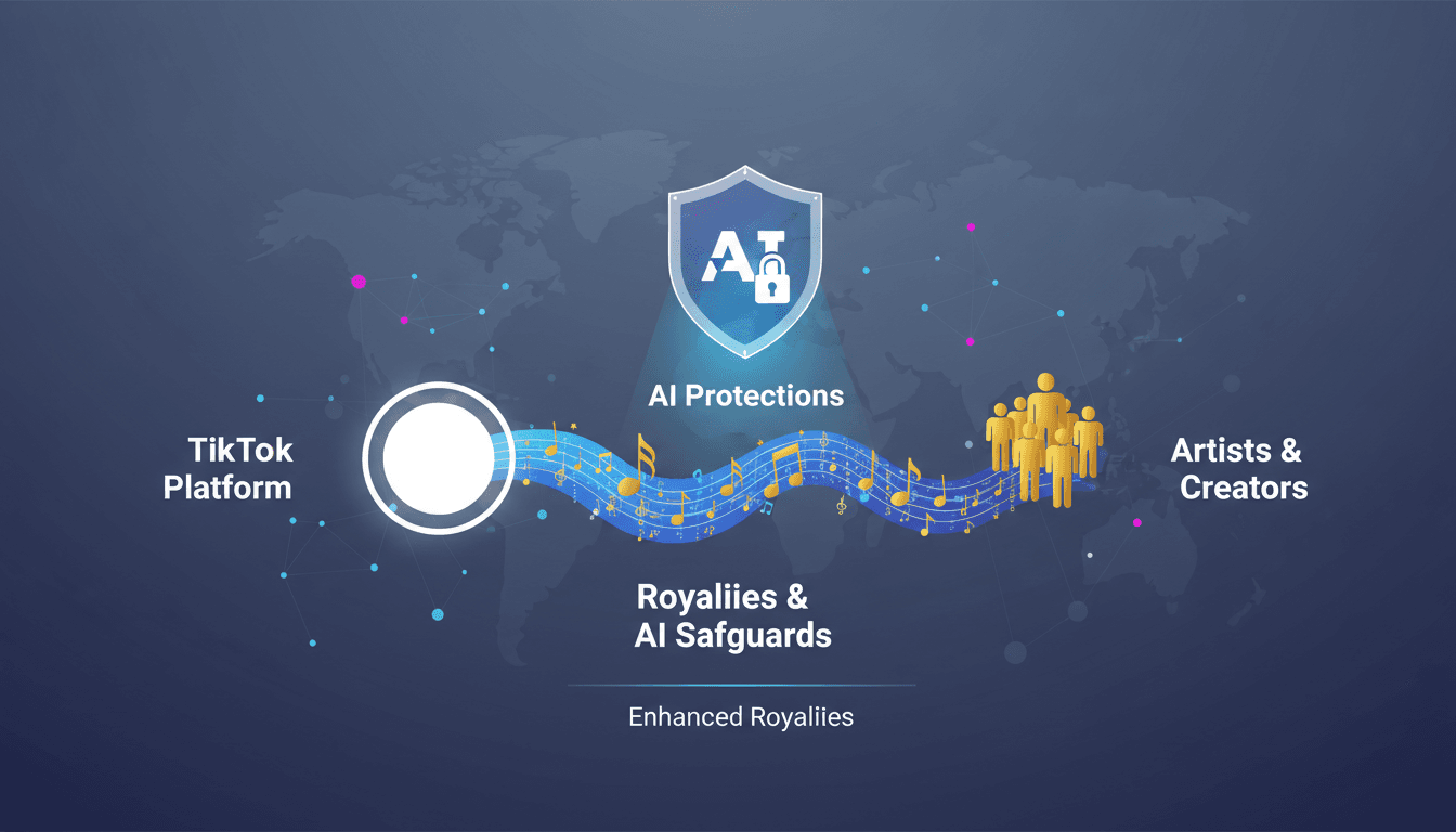 Infographic showing the flow of royalties from TikTok to artists, emphasizing AI protections and revenue enhancements.