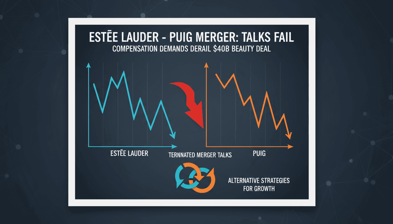 Estée Lauder and Puig logos with stock market graphics