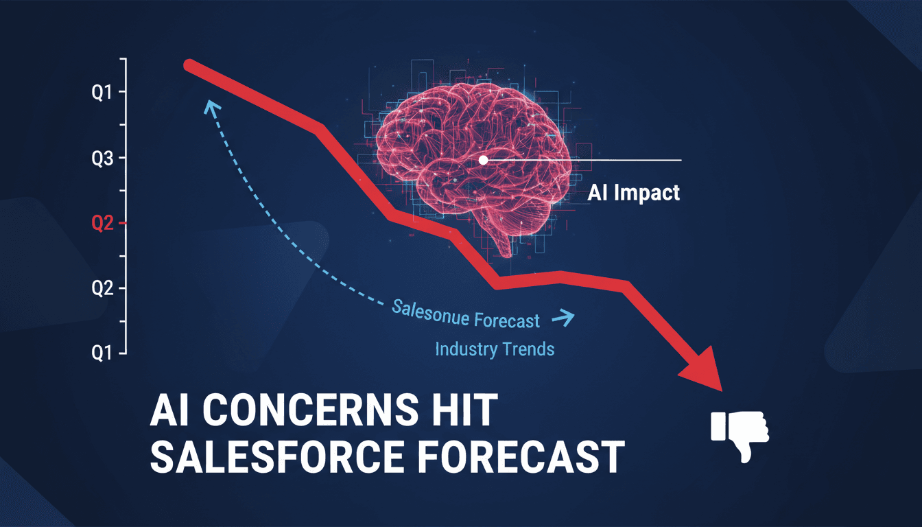 Salesforce logo with a backdrop of fluctuating stock market graphs