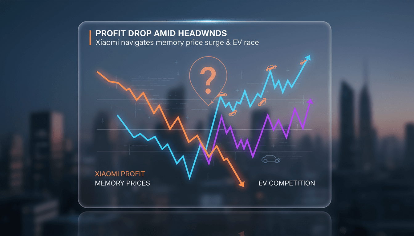 Xiaomi Corp. logo with a backdrop of fluctuating memory prices and electric vehicle imagery.