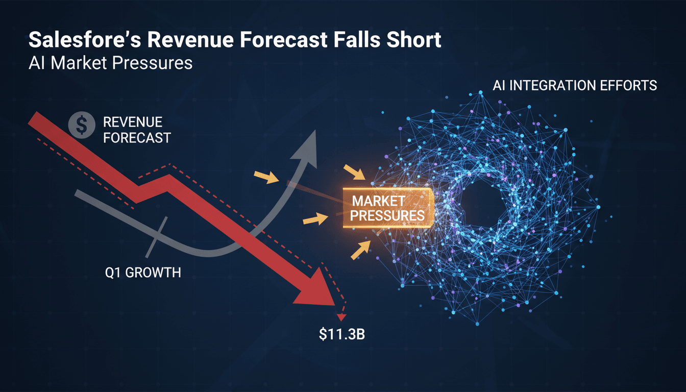 Salesforce logo with a graph showing revenue trends and AI integration.