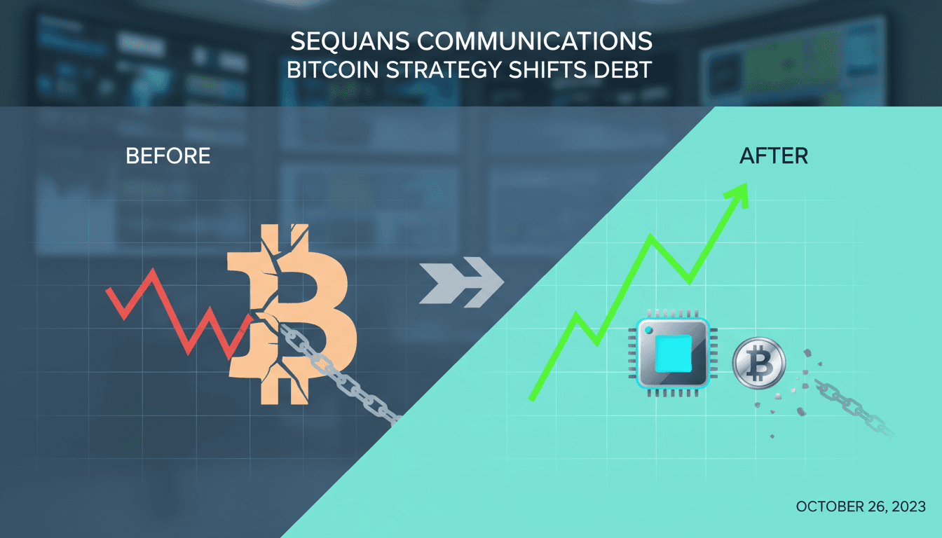 Sequans Communications logo with a Bitcoin graphic in the background