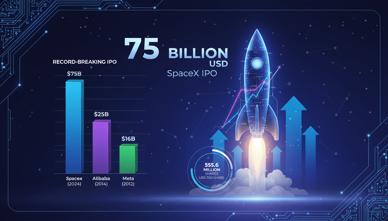 Infographic detailing SpaceX's record-setting IPO plans and comparison to previous IPOs.