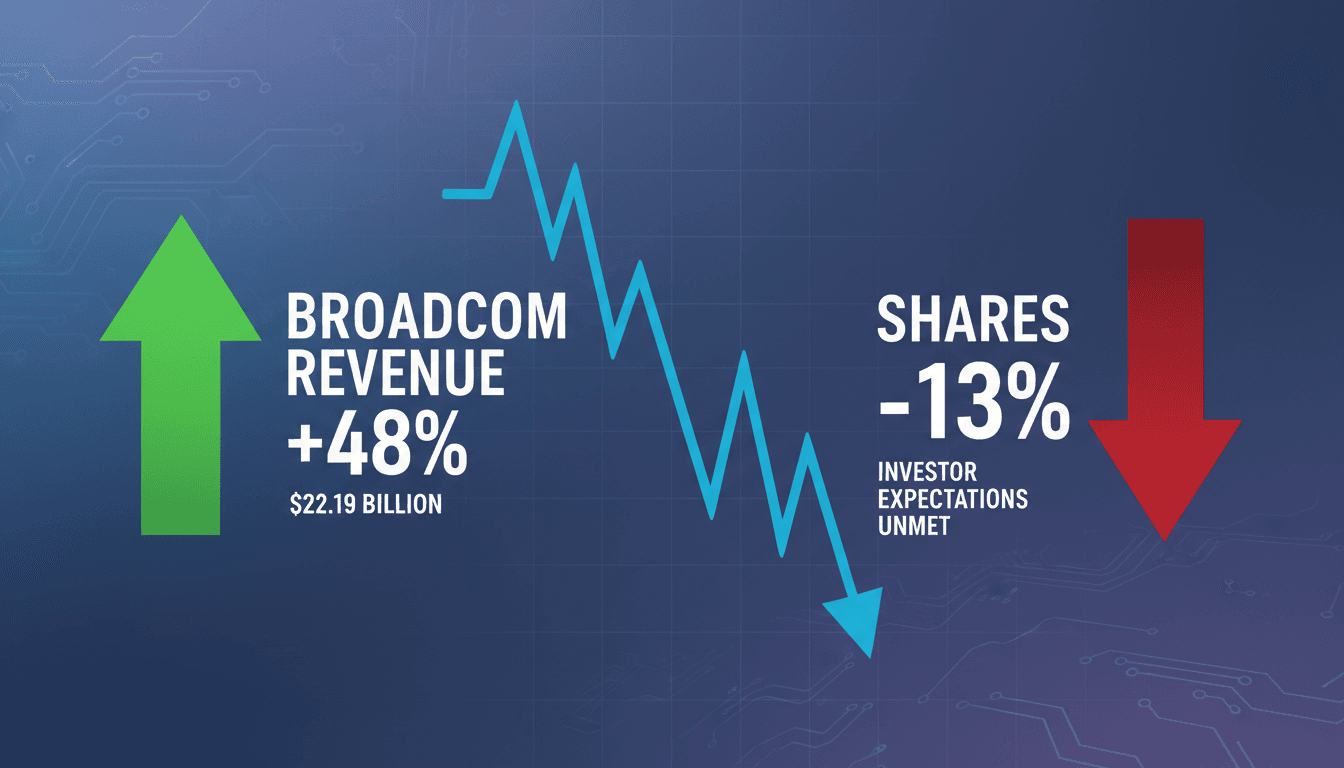 A graphic illustrating Broadcom's revenue growth and stock price decline, highlighting the impact of AI chip demand.