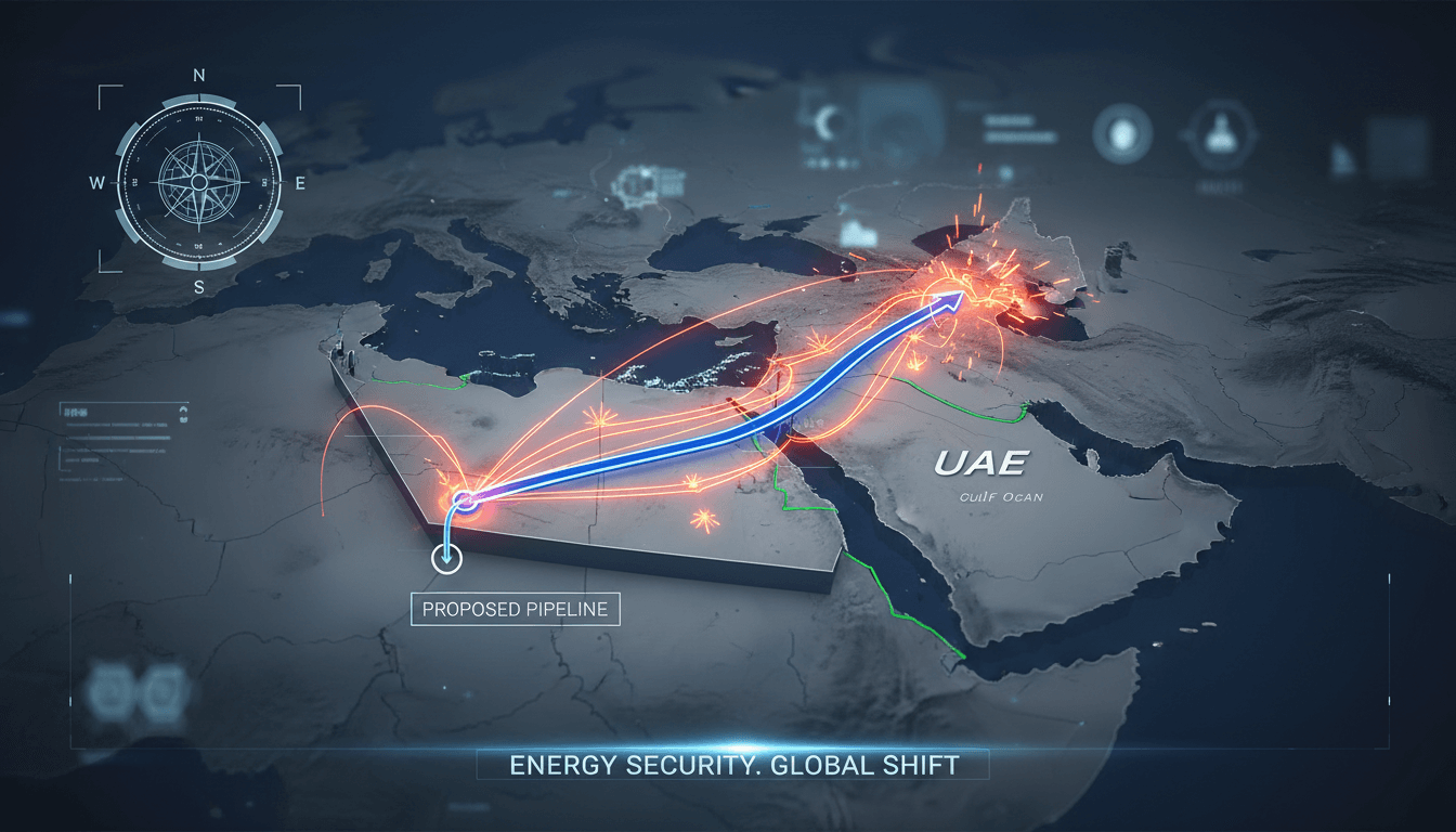 Map showing the proposed pipeline routes bypassing the Strait of Hormuz.