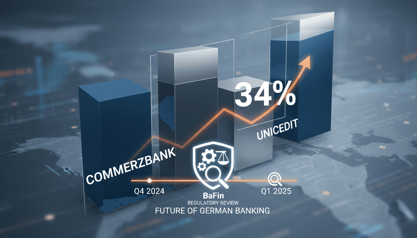 Commerzbank and UniCredit logos with a backdrop of financial charts.