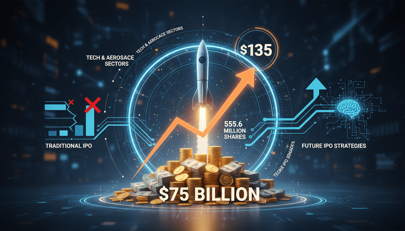 SpaceX IPO announcement graphic showcasing share price and goals.