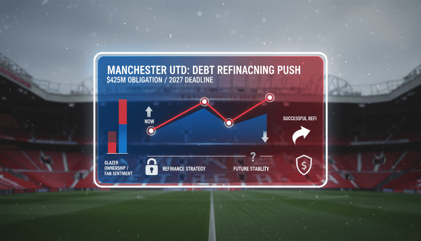 Manchester United logo with financial graphs and debt figures