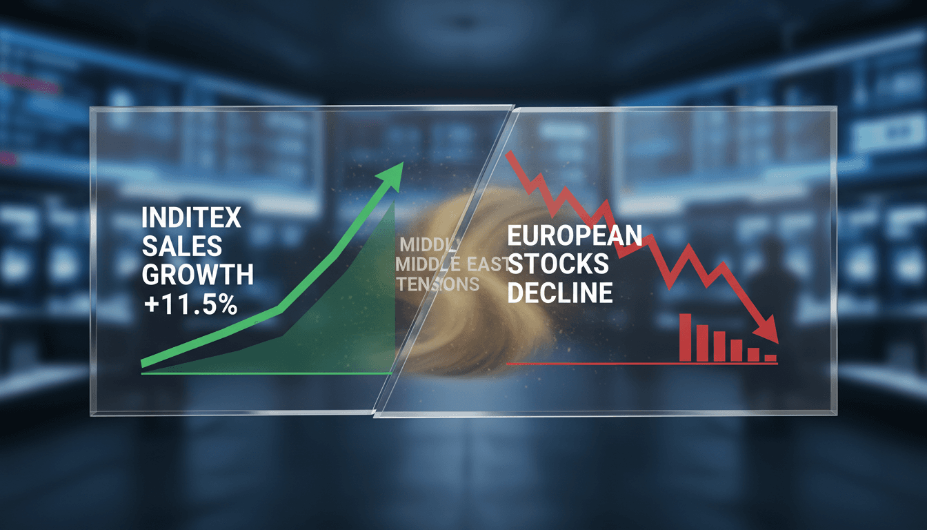Inditex logo with a backdrop of stock market trends