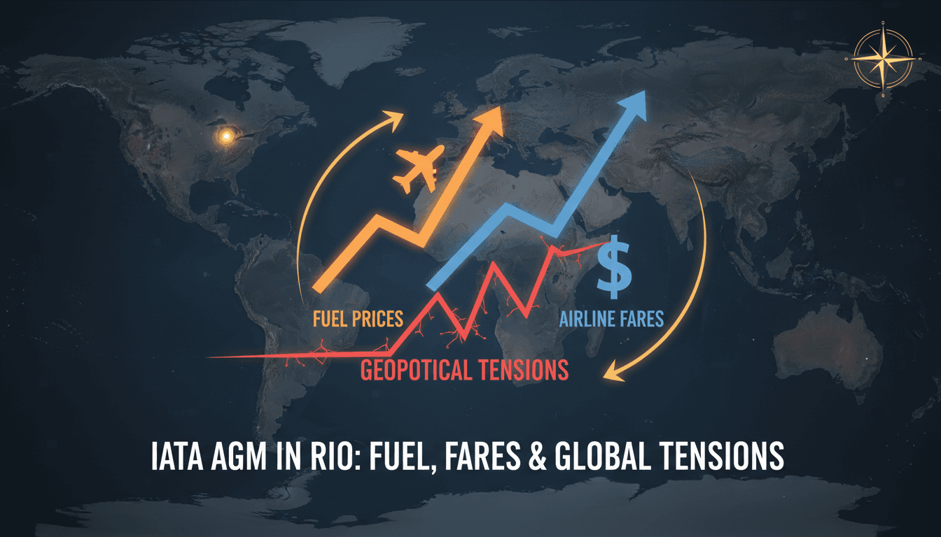 Airline executives discussing fuel shortages and fare adjustments at IATA AGM in Rio.