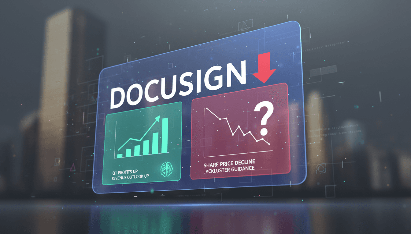 DocuSign logo with a declining stock chart background