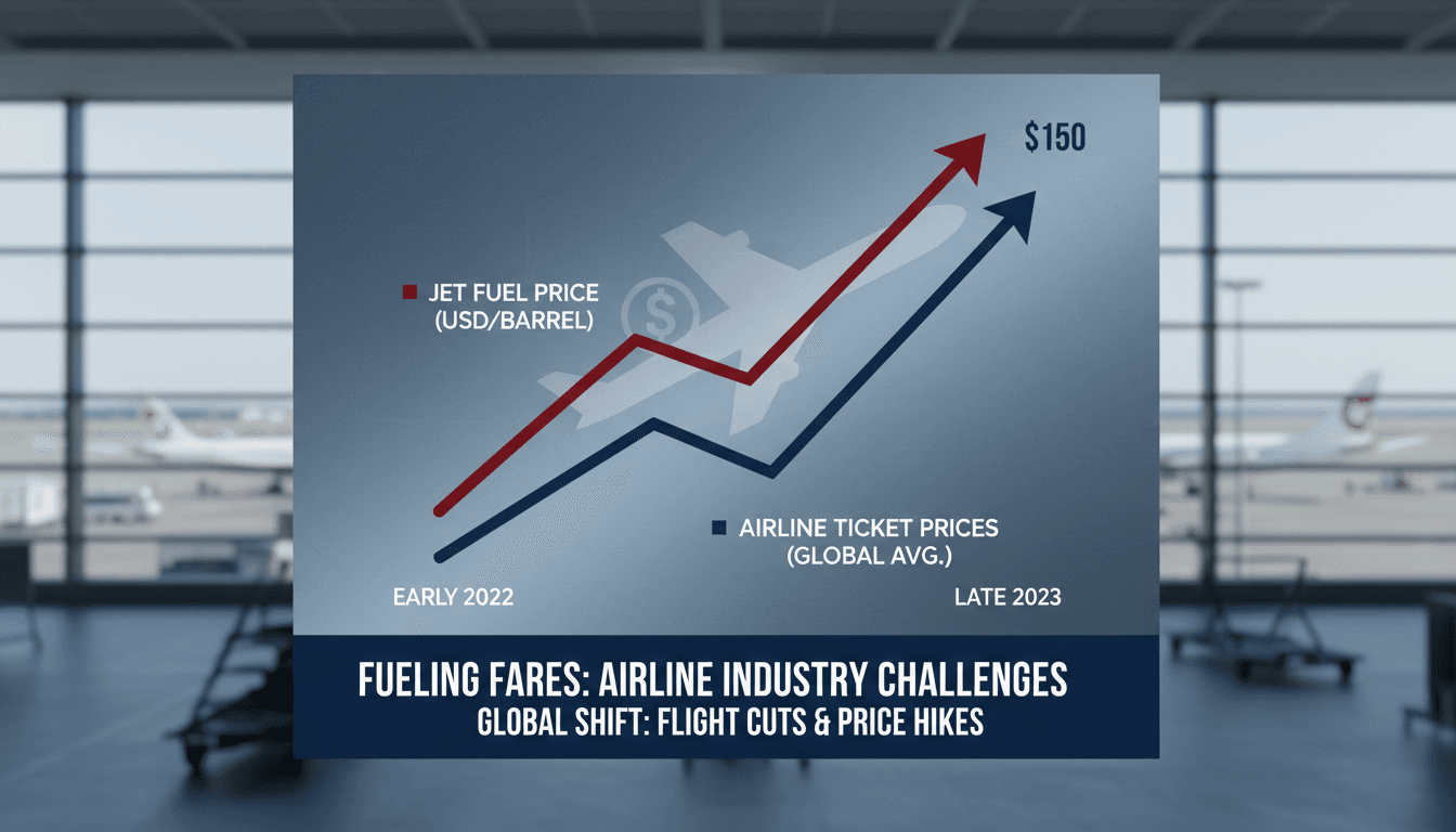 Air New Zealand aircraft at an airport with rising fuel prices graphic