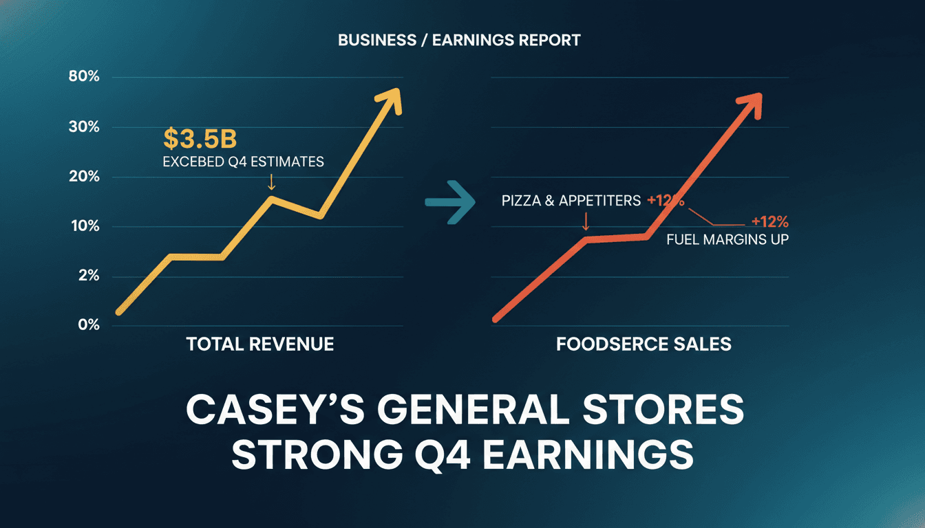 Casey's General Stores logo with a background of pizza and fuel icons