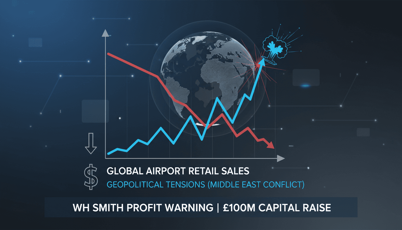 WH Smith storefront at an airport with declining sales graph overlay
