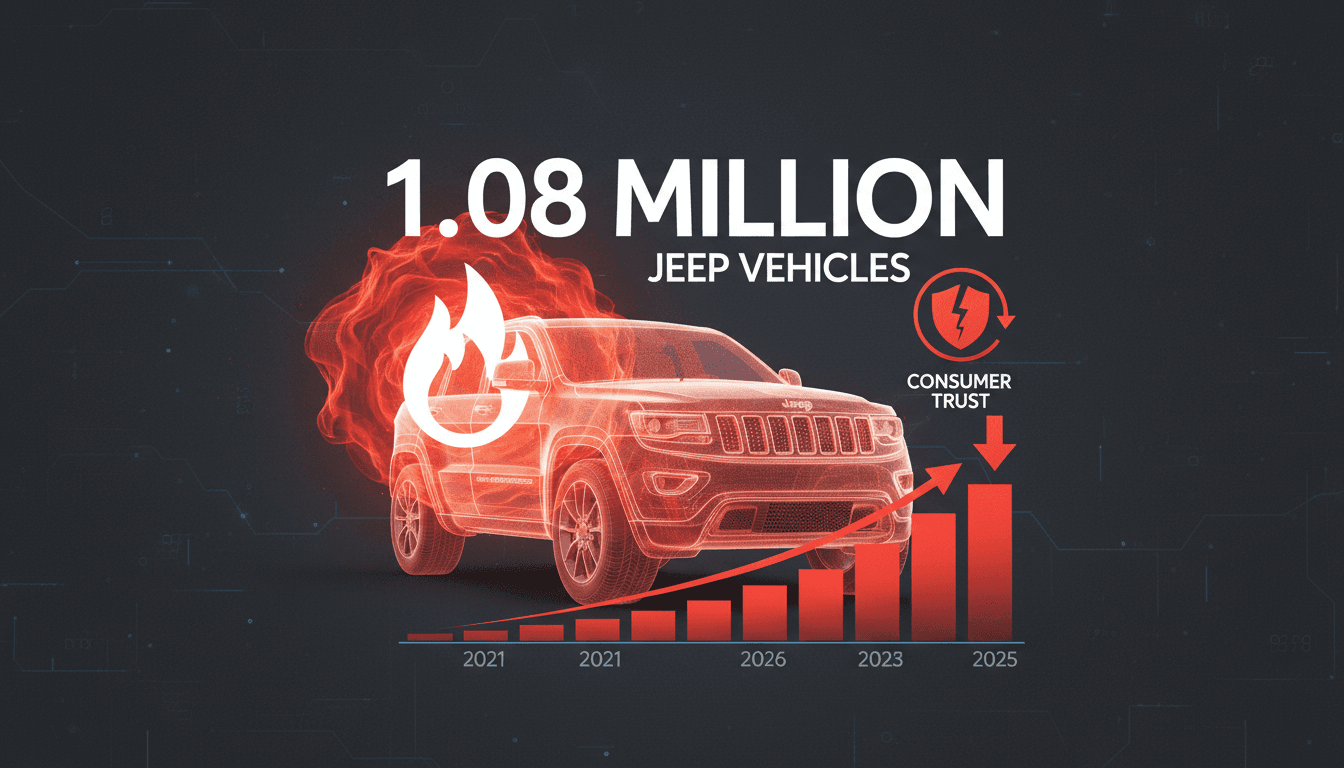 Jeep vehicles parked in a dealership lot with a recall notice