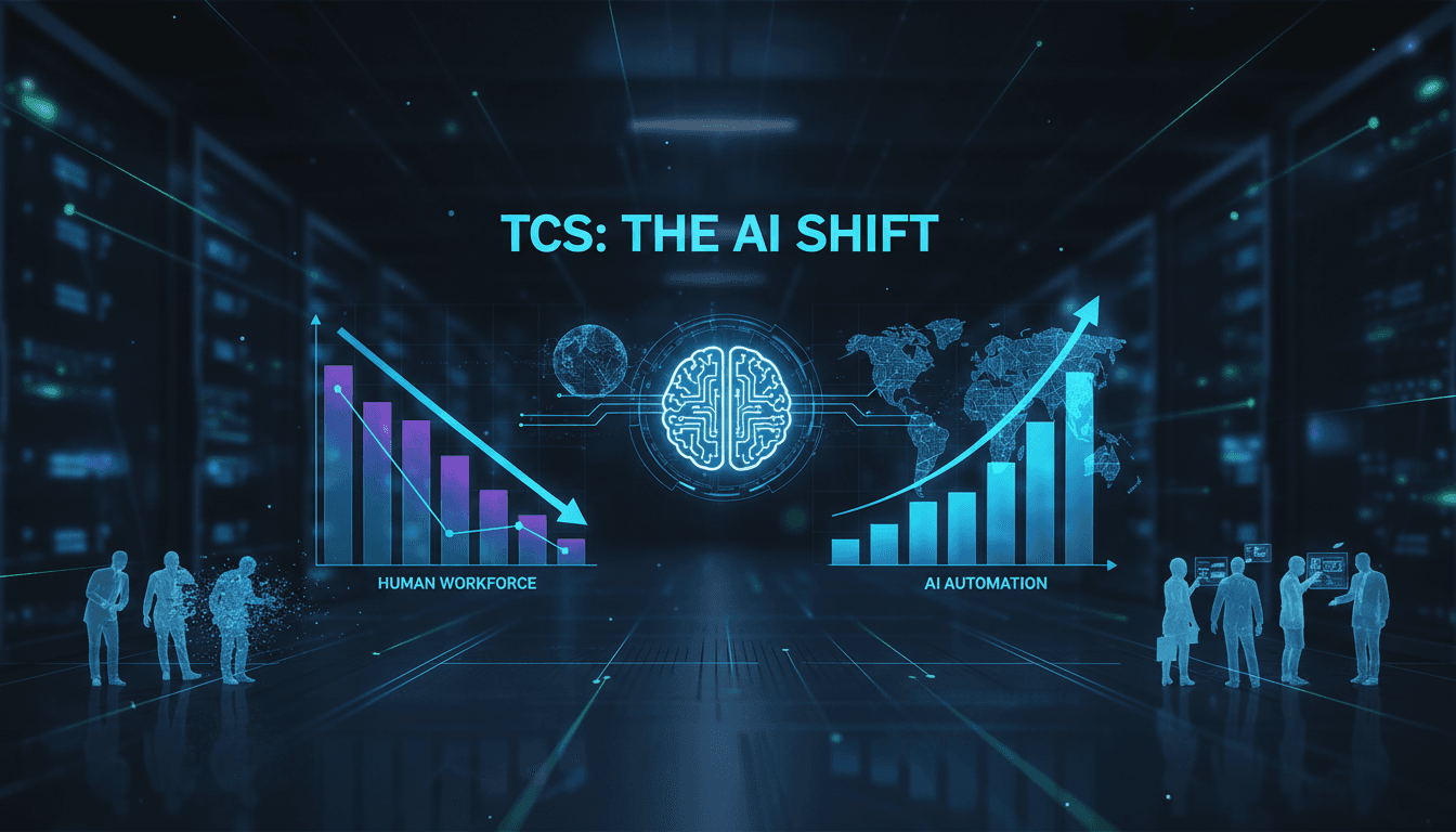 TCS logo with a backdrop of AI technology graphics
