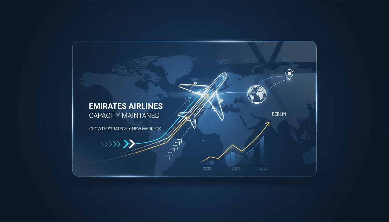 Emirates Airlines aircraft in flight over a city skyline