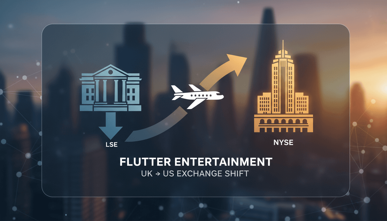 Flutter Entertainment logo with a backdrop of stock market graphs