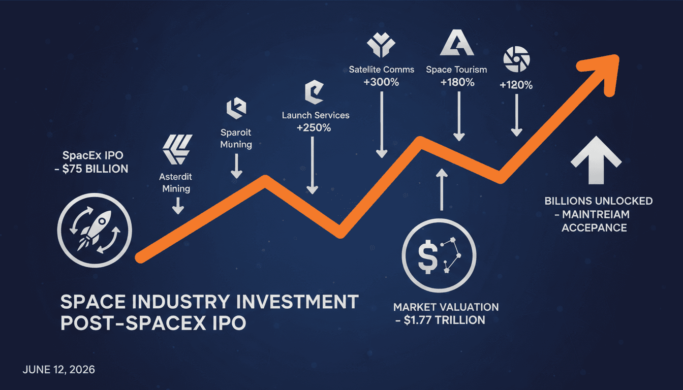Infographic showing stock price surges of space companies following SpaceX IPO.