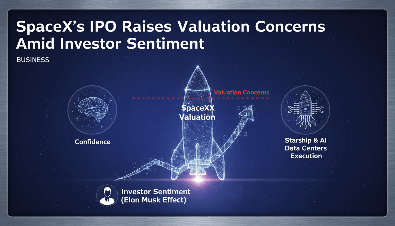 SpaceX IPO launch event with investors and analysts discussing valuation.