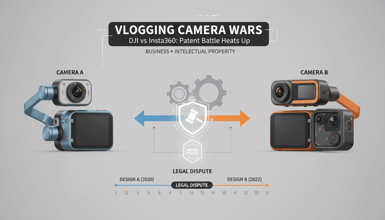 DJI and Insta360 logos with a gavel symbolizing legal dispute