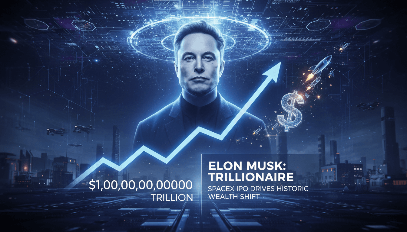 Elon Musk celebrating his achievement as the world's first trillionaire after SpaceX IPO.
