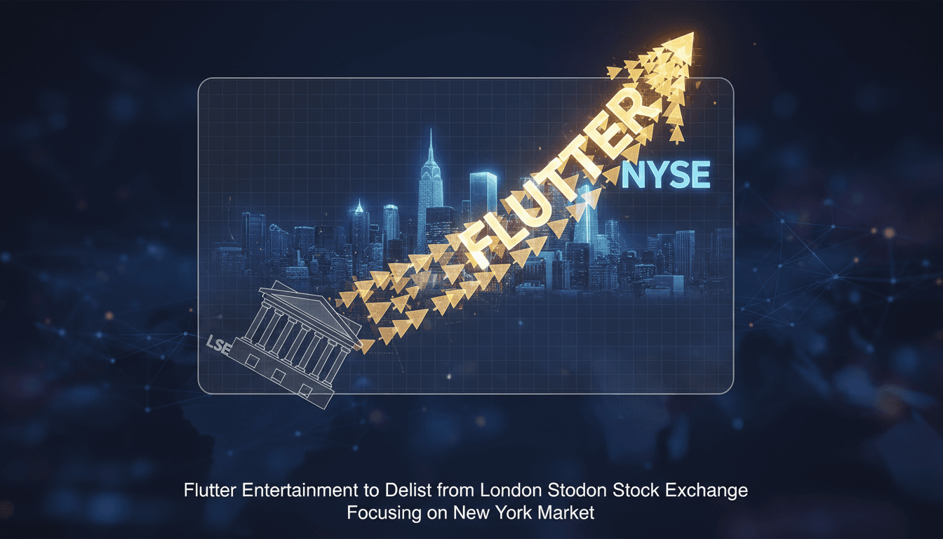Flutter Entertainment logo with a backdrop of stock market graphs