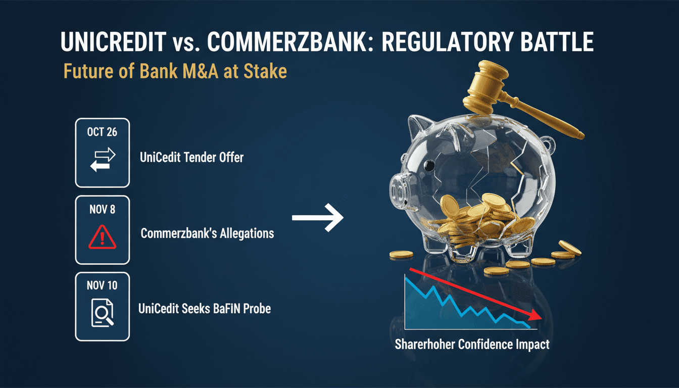 UniCredit and Commerzbank logos with a backdrop of financial charts.